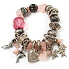 Vintage Beaded Charm Flex Bracelet (Antique Silver & Pale Pink)