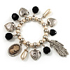 'Cameo, Feather, Heart & Simulated Pearl Beads' Charm Flex Bracelet (Silver Tone)