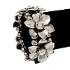Antique Silver Flower Diamante Flex Bracelet - Up to 19cm length