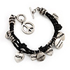 Silver Tone Metal Charm Black Leather Bracelet With Toggle Clasp - up to 18cm Length