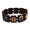 Dark Brown/ Black Wooden Religious Images Catholic Jesus Icon Saints Stretch Bracelet - up to 20cm length