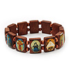 Brown Wooden Religious Images Catholic Jesus Icon Saints Stretch Bracelet - up to 20cm length