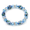 Floral Light Blue Glass Bead & Crystal Ring Flex Bracelet - Up to 21cm Length