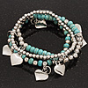 3-Strand Turquoise Stone & Silver Metal Bead 'Heart' Charm Flex Bracelet - 19cm Length