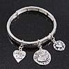 Silver Plated Charm 'Heart, Dove & Love' Flex Bangle Bracelet - 18cm Length
