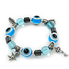 Evil Eye Light Blue Acrylic Bead Protection Stretch Bracelet In Burn Silver - 9mm Diameter - Adjustable