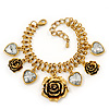 Vintage 'Rose&Heart' Mesh Charm Bracelet In Burn Gold  Metal - 17cm Length/ 4cm Extension