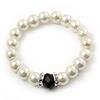 Classic Style Glass Pearl Stretch Bracelet with Black Faceted Acrylic Gem and Swarovski Crystal Detailing - 10mm diameter/ Up to 20cm Length