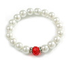 Classic Style Glass Pearl Stretch Bracelet with Red Faceted Acrylic Gem and Swarovski Crystal Detailing - 10mm diameter/ Up to 20cm Length
