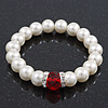 Classic Style Glass Pearl Stretch Bracelet with Red Faceted Acrylic Gem and Swarovski Crystal Detailing - 10mm diameter/ Up to 20cm Length