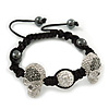 Silver Plated Swarovski Crystal Skull and Hematite Bead Buddhist Bracelet - Adjustable - 23mm Diameter