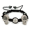 Silver Plated Swarovski Crystal Skull and Hematite Bead Buddhist Bracelet - Adjustable - 23mm Diameter