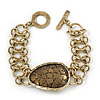 Vintage 'Cracked Effect' Oval Bracelet With T-Bar Closure In Burn Gold Metal - 18cm Length