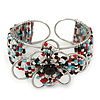 Fancy Glass Bead Floral Cuff Bracelet In Silver Tone - Adjustable - Multicoloured