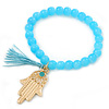 Light Blue Glass Bead Stretch Bracelet with Gold Plated Hamza Hand Charm & Silk Tassel - 6mm - Up to 20cm Length