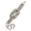 Chunky Rhodium Plated Mesh Chain 'Knot' Bracelet With Clear Crystals - 18cm (8cm Extension)