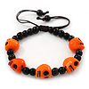 Orange Acrylic Skull Bead Children/Girls/ Petites Teen Friendship Bracelet On Black String - (13cm to 16cm) Adjustable