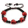 Dark Red Acrylic Skull Bead Children/Girls/ Petites Teen Friendship Bracelet On Black String - (13cm to 16cm) Adjustable