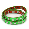 Neon Green Leather Style Crystal and Spike Studded Wrap Bracelet - Adjustable (One Size Fits All)