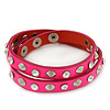 Neon Pink Leather Style Crystal and Spike Studded Wrap Bracelet - Adjustable (One Size Fits All)