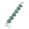 Vintage Inspired 'Hearts' With Turquoise Stones Bracelet With T-Bar Closure In Burn Silver Metal - 18cm Length