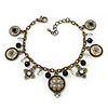 Vintage Inspired Floral, Bead Charm Bracelet In Bronze Tone (Grey, Black, White) - 16cm Length/ 3cm Extension