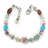Vintage Inspired Multicoloured Enamel, Crystal Flower, Freshwater Pearl, Glass Bead Bracelet In Silver Tone - 16cm Length/ 4cm Extension