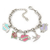 PINK COOKIE IN PURSE Hearts, Rose, Swallow Charm Oval Link Bracelet In Rhodium Plating - 15cm L/ 5cm Ext