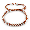 Plaited Brown Silk Cord With Silver Tone Bead Friendship Bracelet - Adjustable