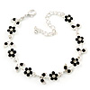 Rhodium Plated Jet Black Crystal Daisy Bracelet - 16cm Length/ 5cm Extension
