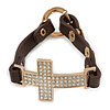 Clear Crystal Cross With Brown Leather Style Bracelet In Gold Tone - 18cm L