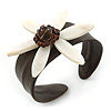 Brown Leather Flex Cuff Bangle With Mother Of Pearl Flower - 19cm L