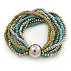 Silver/ Grey/ Olive/ Green Multistrand Glass Bead Flex Bracelet With A Silver Mirrored Ball - 19cm L