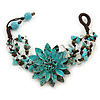 Handmade Teal Leather Flower Turquoise Bead Cotton Cord Bracelet - 14cm L/ 2cm Ext - for smaller wrists