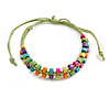 Multicoloured Wood Bead Friendship Bracelet With Light Green Cord - Adjustable