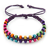 Multicoloured Wood Bead Friendship Bracelet With Purple Cord - Adjustable