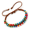Multicoloured Wood Bead Friendship Bracelet With Brown Cord - Adjustable