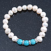 9mm Freshwater Pearl With Semi-Precious Turquoise Stone Stretch Bracelet - 18cm L