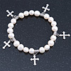 10mm Freshwater Pearl With Cross Charm Stretch Bracelet (Silver Tone) - 20cm L