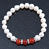 8mm White Freshwater Pearl with Semi-Precious Carnelian Stone Stretch Bracelet - 18cm L