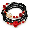 Black, Red Glass Bead With Red Acrylic Rose Flex Bracelet/ Necklace - 70cm L