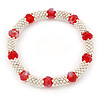 Silver Tone Snowflake Rings with Red Crystal Beads Flex Bracelet - 18cm L