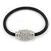 Black Leather Bracelet With Silver Tone Crystal Magnetic Closure - 18cm L