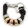 Black Multi Cord With 3 Tone Rings Bracelet With Silver Tone Shackle Clasp - 17cm L (For smaller writs)