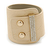 Statement Wide Magnolia Leather Style with Crystal Closure Bracelet - 18cm L