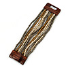Grey/ Bronze/ Antique White Glass Bead Multistrand Flex Bracelet With Wooden Closure - 19cm L