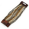 Grey/ Bronze/ Antique White Glass Bead Multistrand Flex Bracelet With Wooden Closure - 19cm L