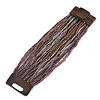 Plum/ Transparent/ Purple Glass Bead Multistrand Flex Bracelet With Wooden Closure - 19cm L