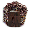 Plum/ Transparent/ Purple Glass Bead Multistrand Flex Bracelet With Wooden Closure - 19cm L