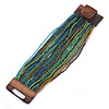 Apple Green/ Blue/ Light Brown/ Peacock Glass Bead Multistrand Flex Bracelet With Wooden Closure - 19cm L